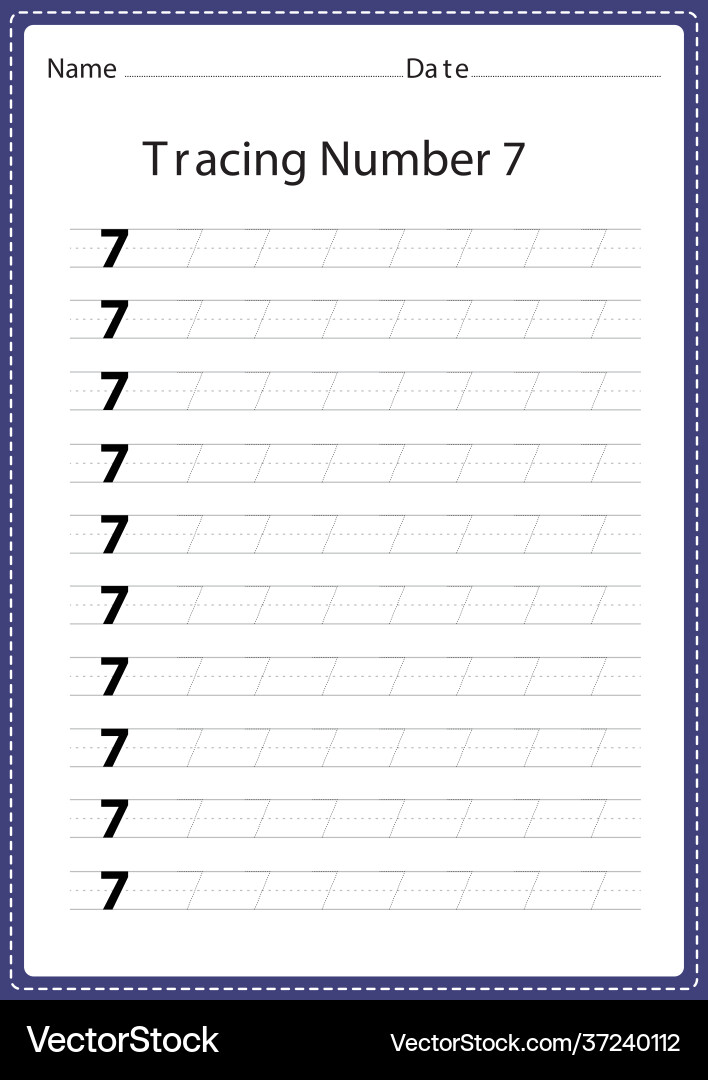 Tracing number 7 worksheet for kindergarten Tracing number 7 worksheet for kindergarten vector image