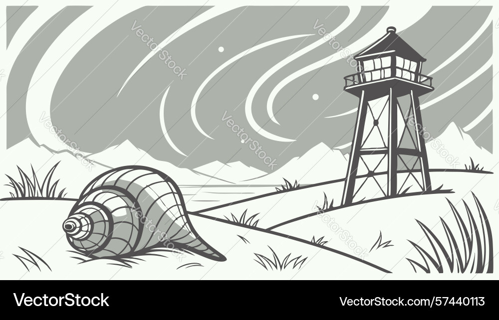 Abstract snail shell with lighthouse on coastal vector image