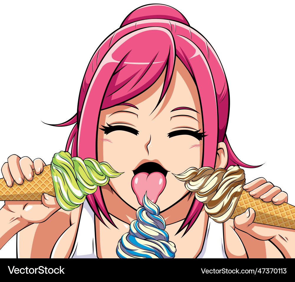 Anime girl eating ice creams on white Anime girl eating ice creams on white vector image