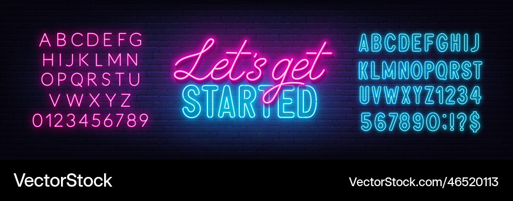 Lets get started neon lettering on brick wall Lets get started neon lettering on brick wall vector image