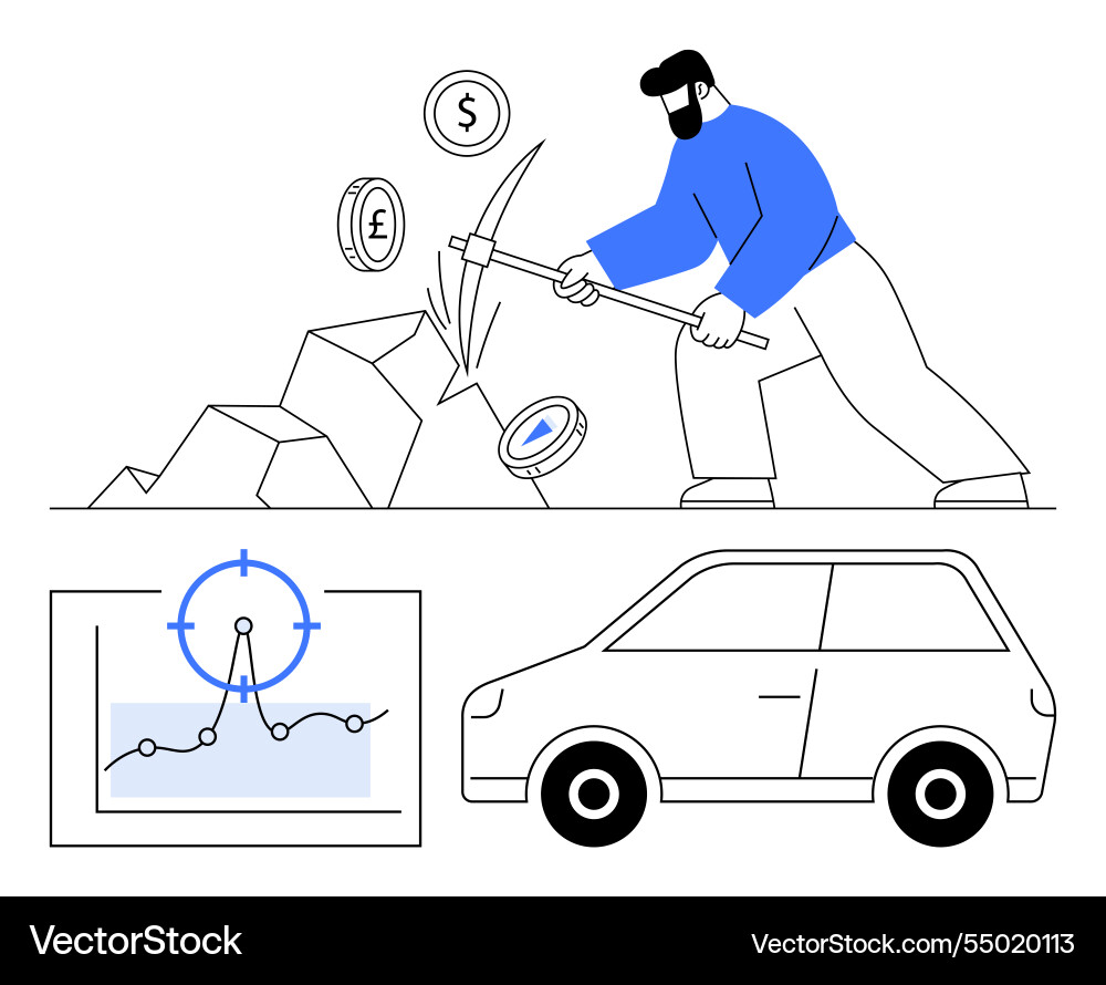 Man mining with a pickaxe alongside currency icons vector image