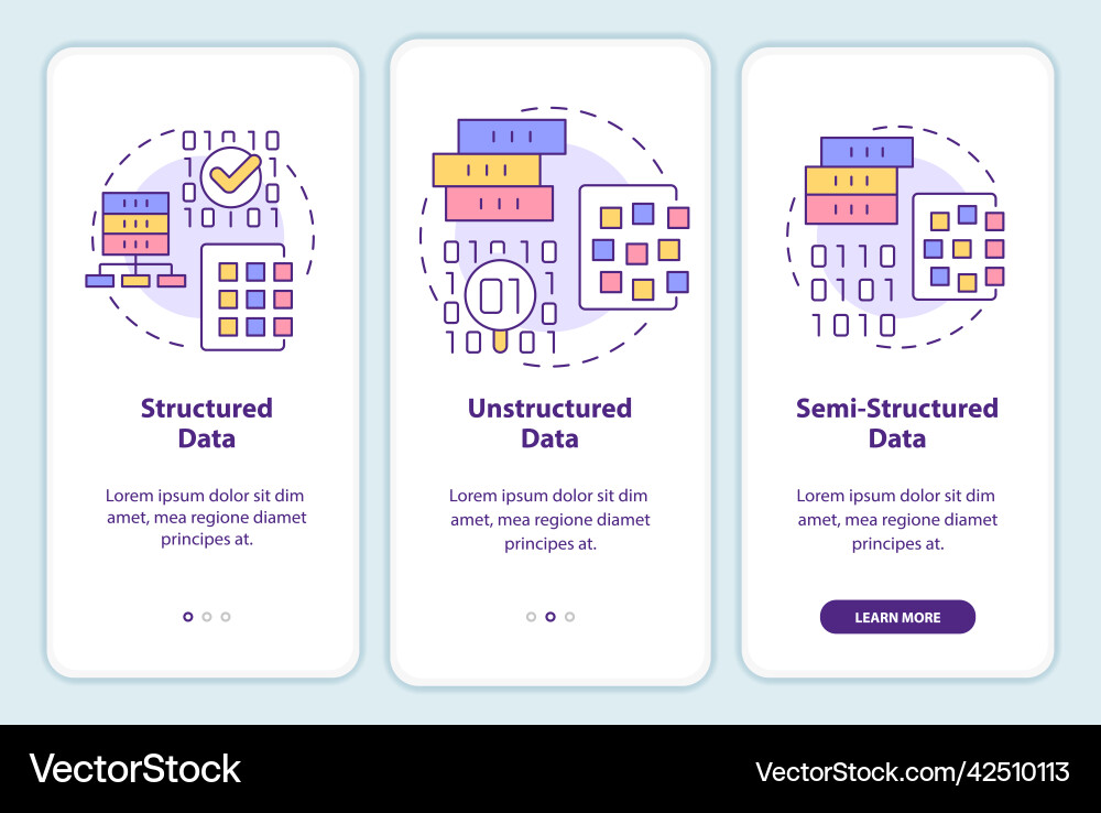 Types of big data onboarding mobile app screen vector image
