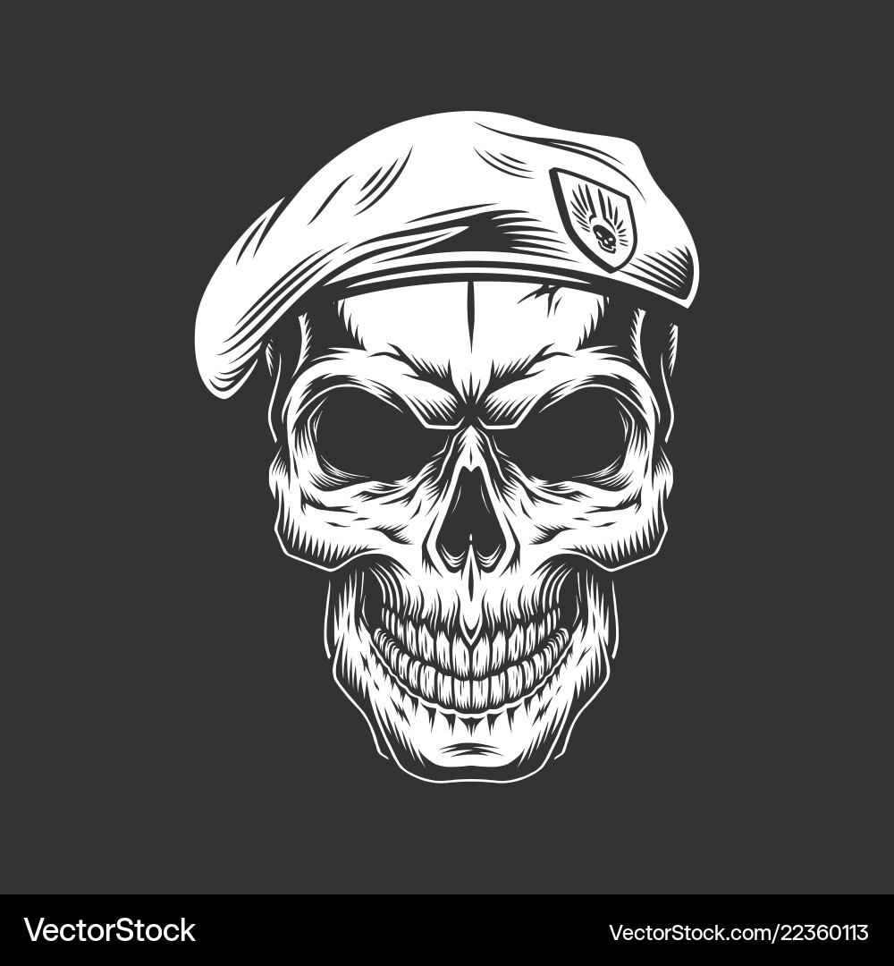 Vintage Monochrome Skull with Beret Vector Image