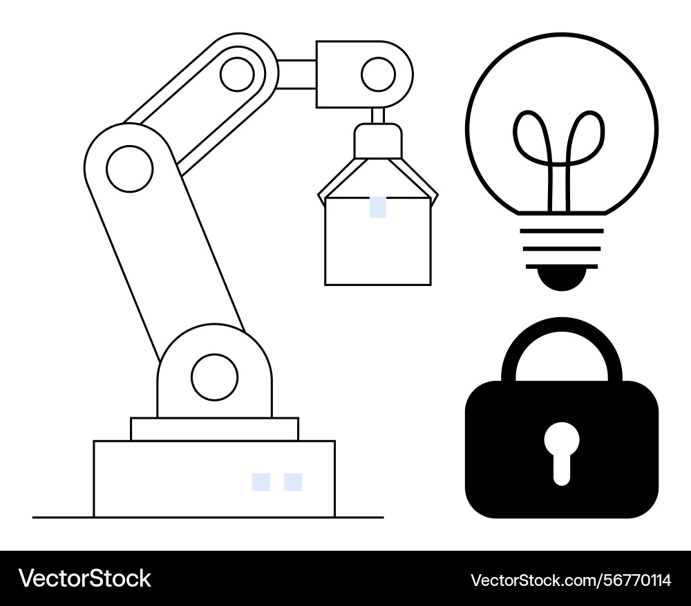 Robotic arm with light bulb and lock representing vector image