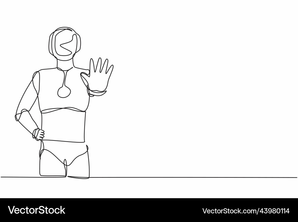 Single one line drawing robot standing with palm Vector Image
