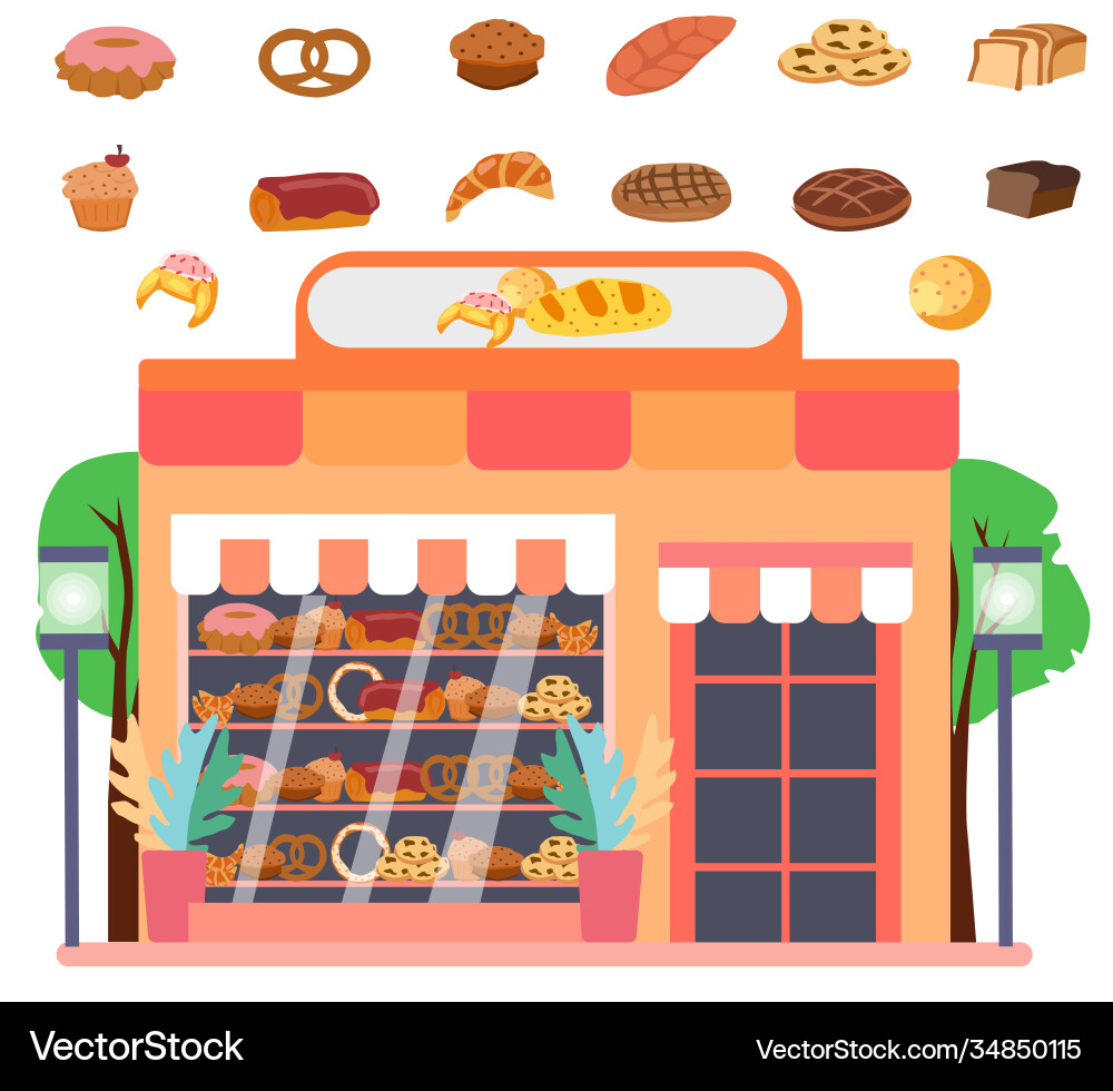 Bakery with different types buns graphics Vector Image