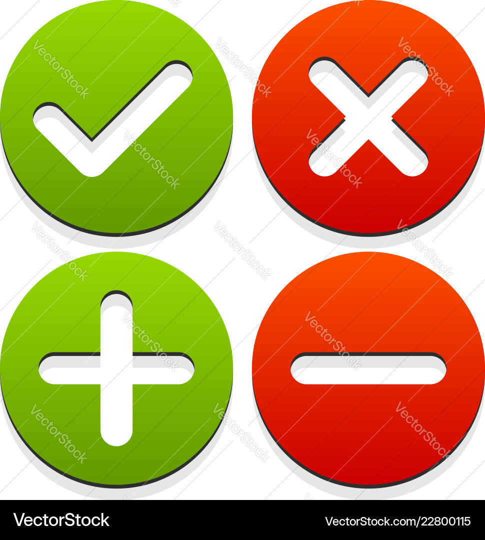 Set of 4 icons with check mark cross and plus Set of 4 icons with check mark cross and plus vector image