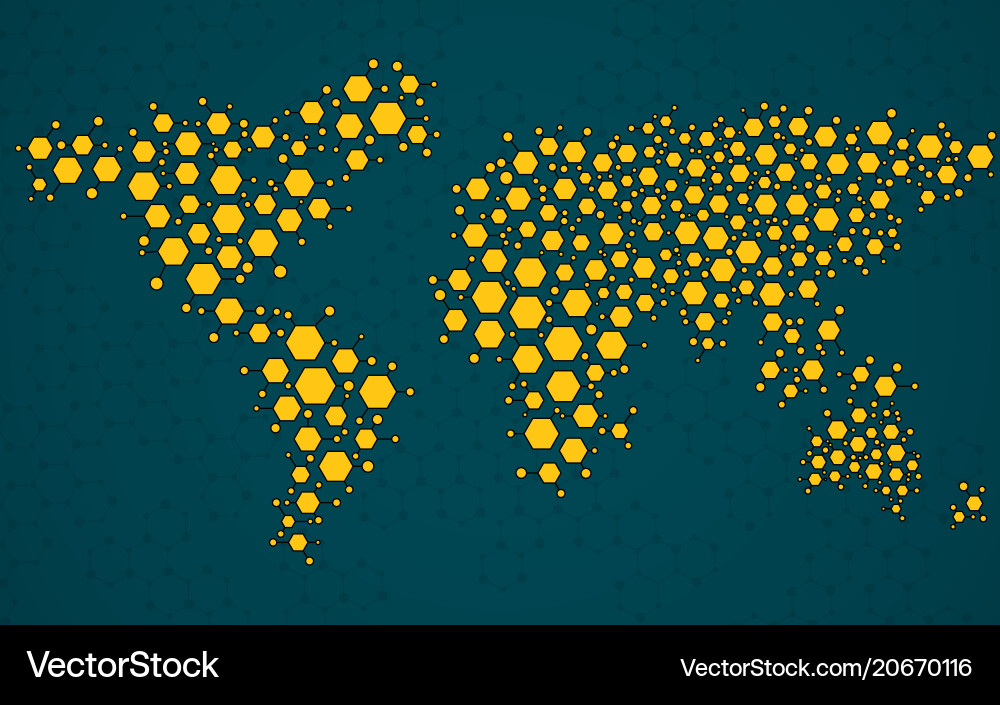 Abstract world map of hexagonal molecular vector image