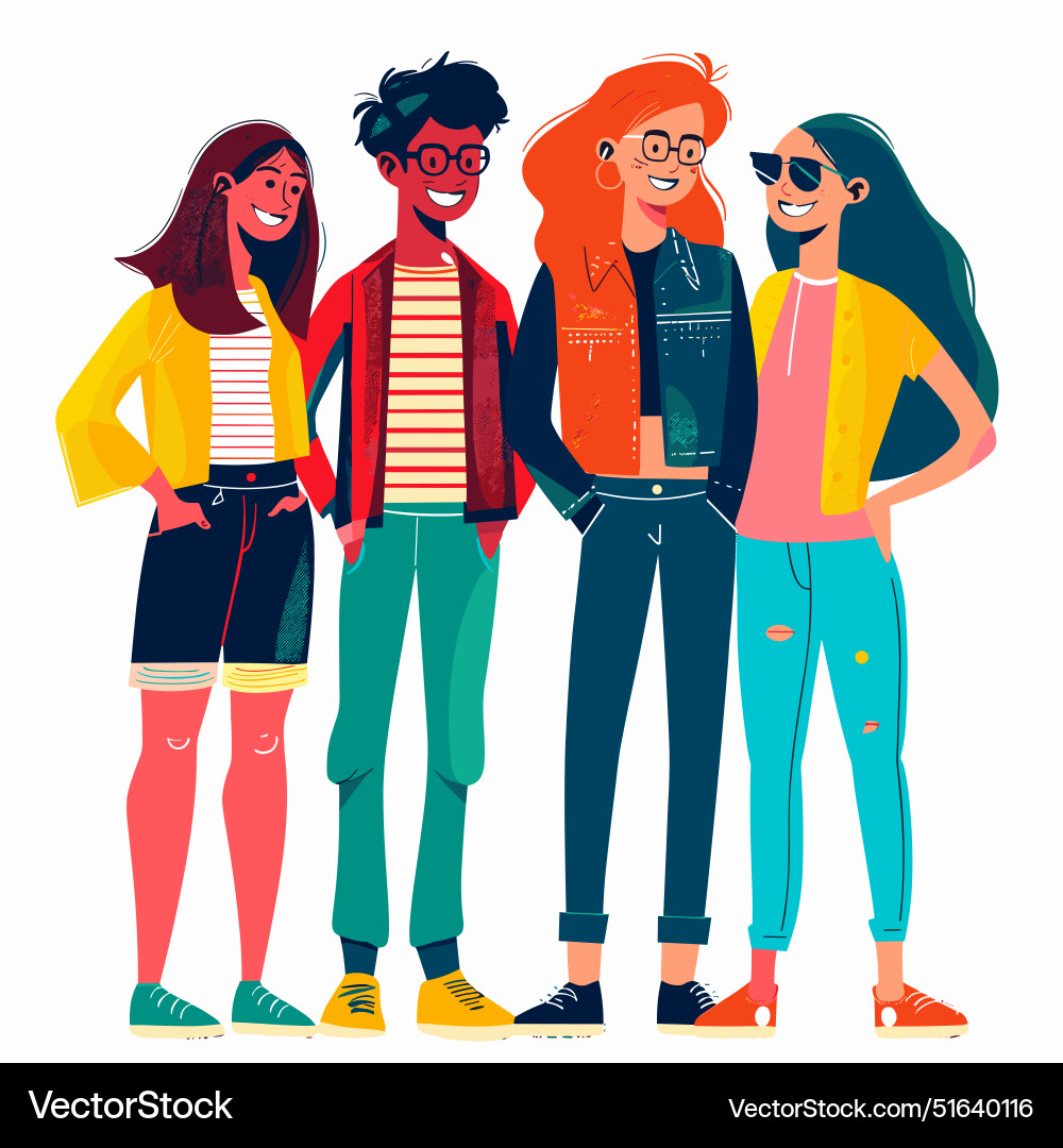 Four young adults standing together smiling Vector Image