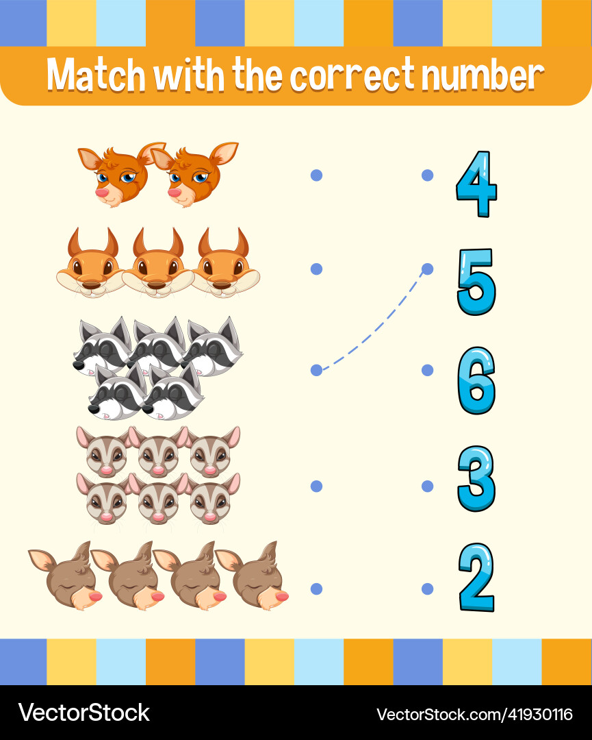 Match by count with different types of animals Match by count with different types of animals vector image