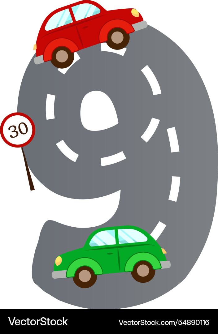 Nine number with road and cars for children Nine number with road and cars for children vector image