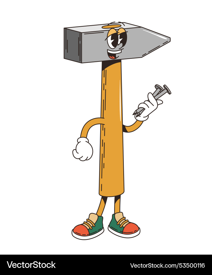 Retro groovy hammer tool cartoon funny character Vector Image