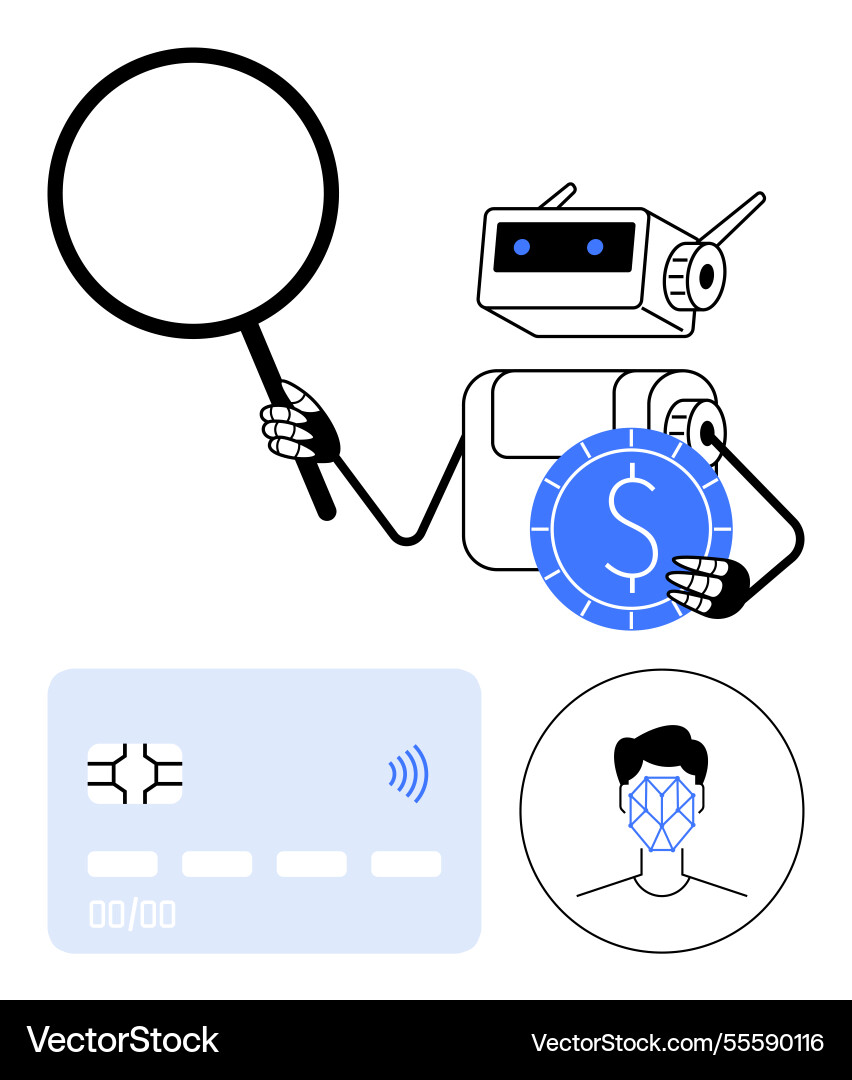Robot exploring payment security with magnifier Robot exploring payment security with magnifier vector image