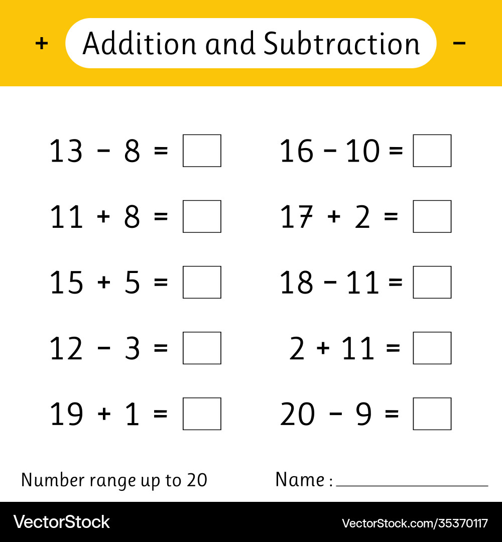 Addition and Subtraction Worksheet - Up to 20 vector image