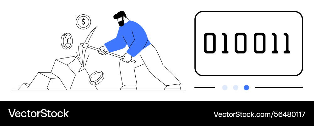 Man mining digital coins with pickaxe while binary Man mining digital coins with pickaxe while binary vector image