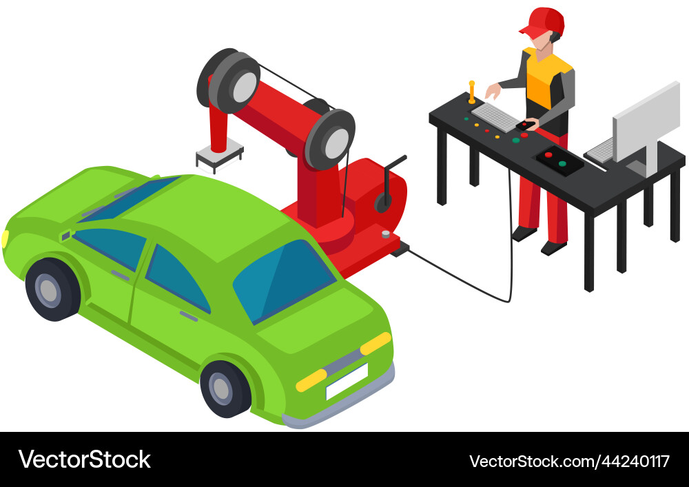 Worker controls process of automated automobile Worker controls process of automated automobile vector image