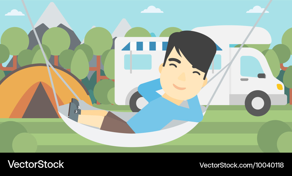 Man lying in hammock front of motor home vector image