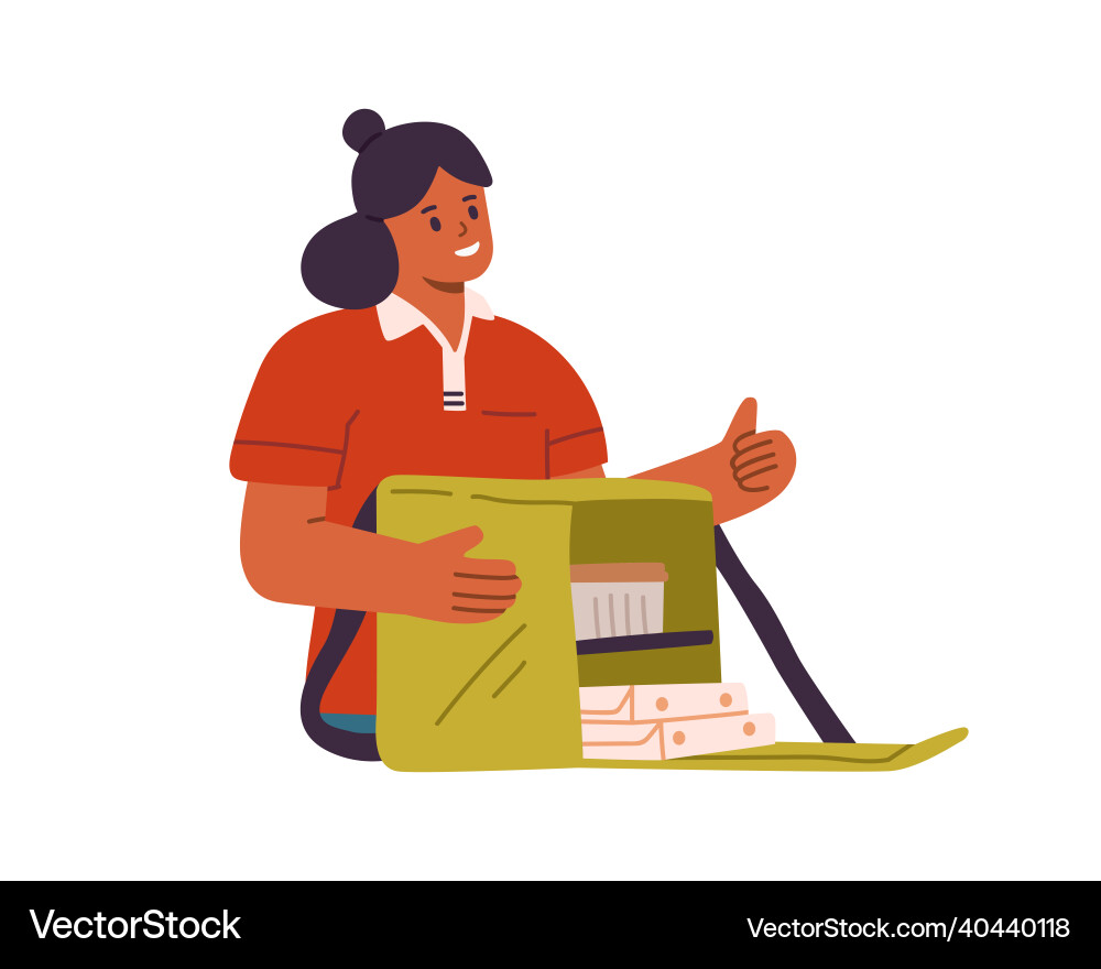 Woman courier holding open delivery bag Woman courier holding open delivery bag vector image