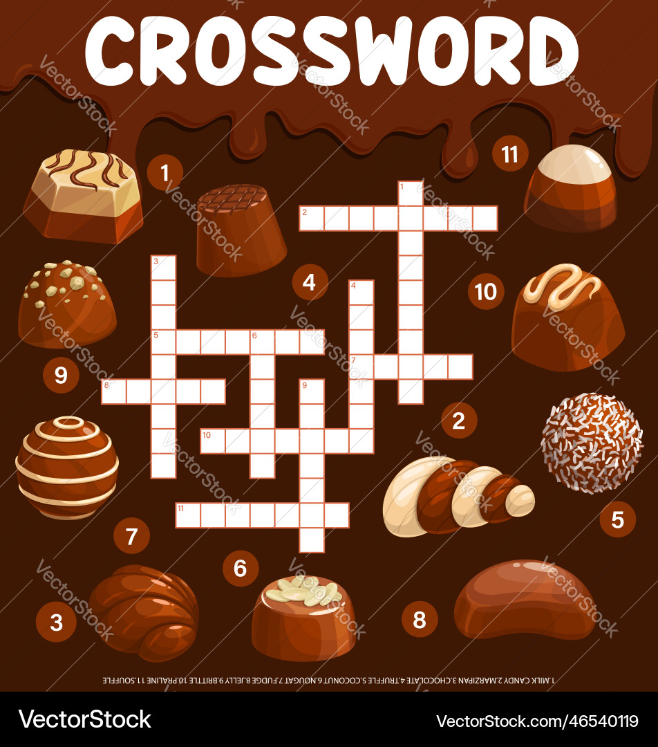 Chocolate candies and sweets crossword worksheet Vector Image