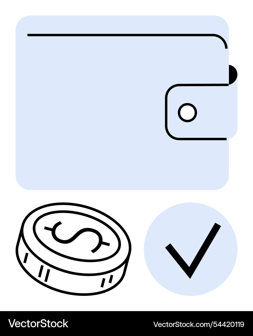 Digital wallet with coin and check mark Digital wallet with coin and check mark Vector Image