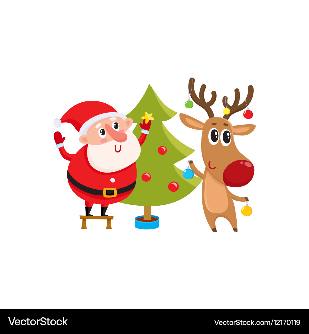 Funny santa claus and reindeer decorating Vector Image