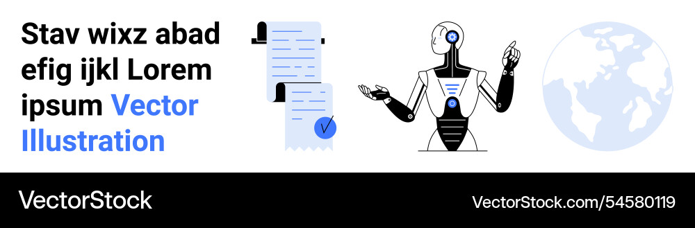 Futuristic robot analyzing documents with world Futuristic robot analyzing documents with world vector image