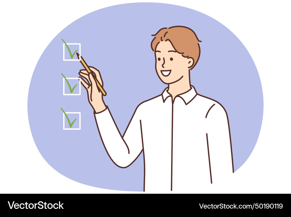 Smiling man check boxes accomplish tasks Smiling man check boxes accomplish tasks vector image