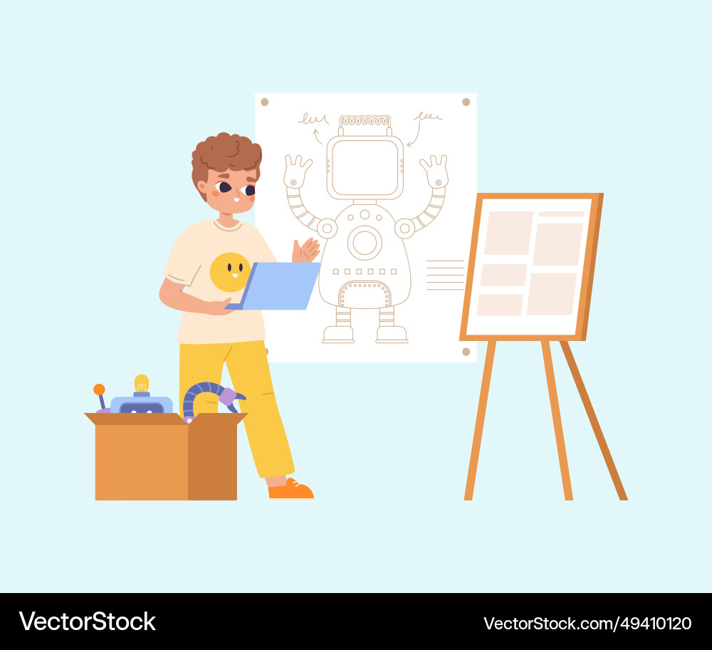 Boy programming and development robot robotics Boy programming and development robot robotics vector image