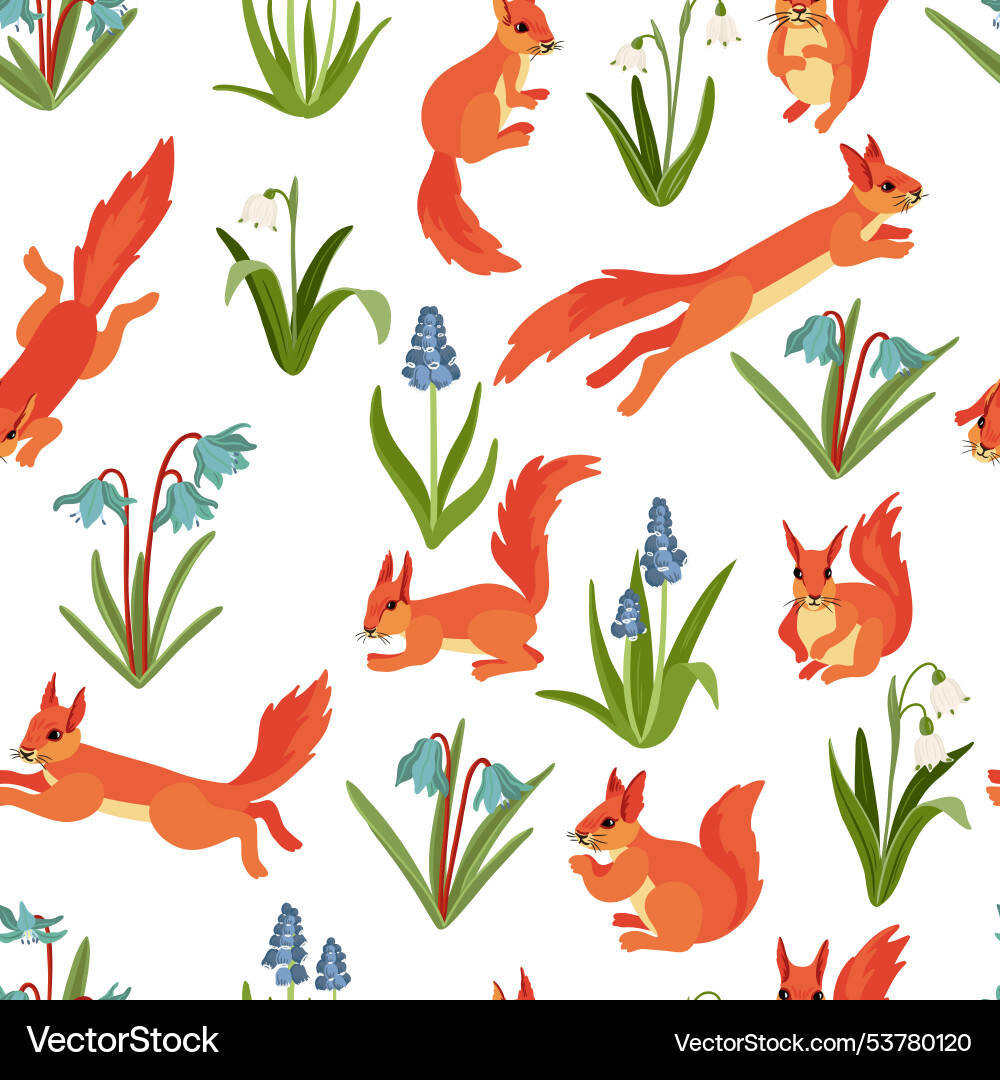 Seamless pattern with squirrels and flowers Seamless pattern with squirrels and flowers Vector Image