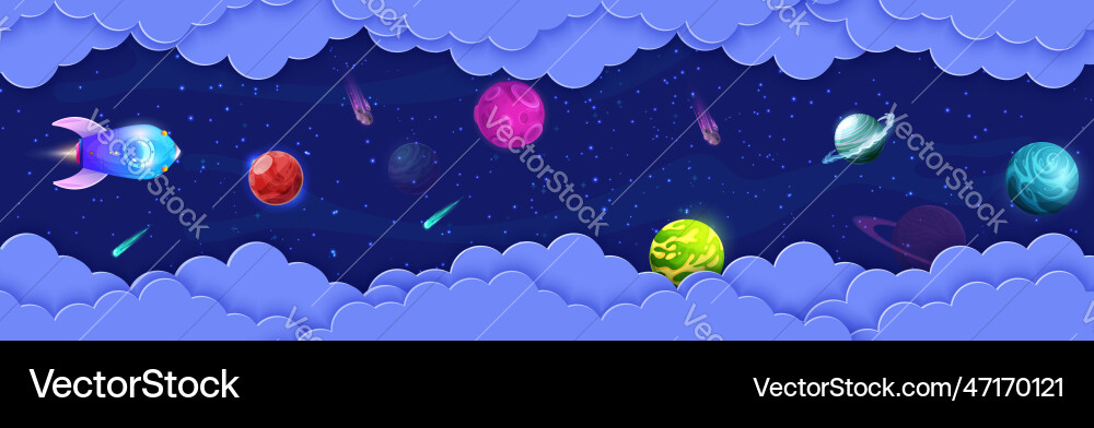 Space paper cut flying rocket planets asteroids Vector Image