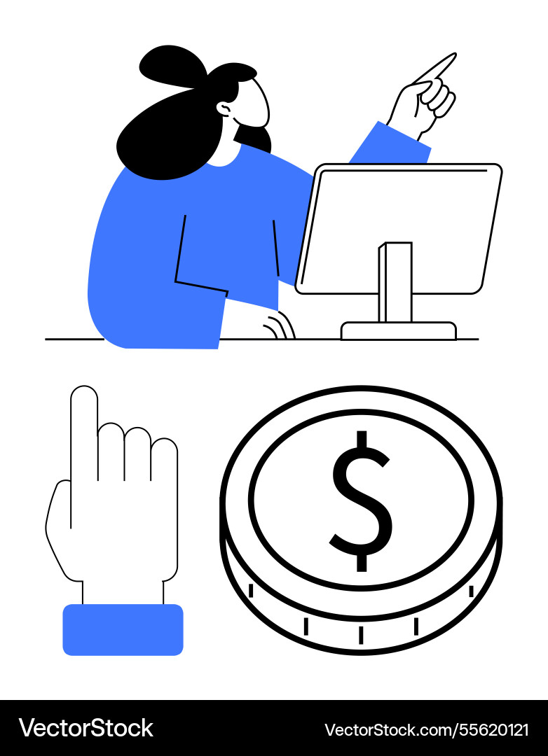 Woman pointing at computer screen with hand Woman pointing at computer screen with hand vector image