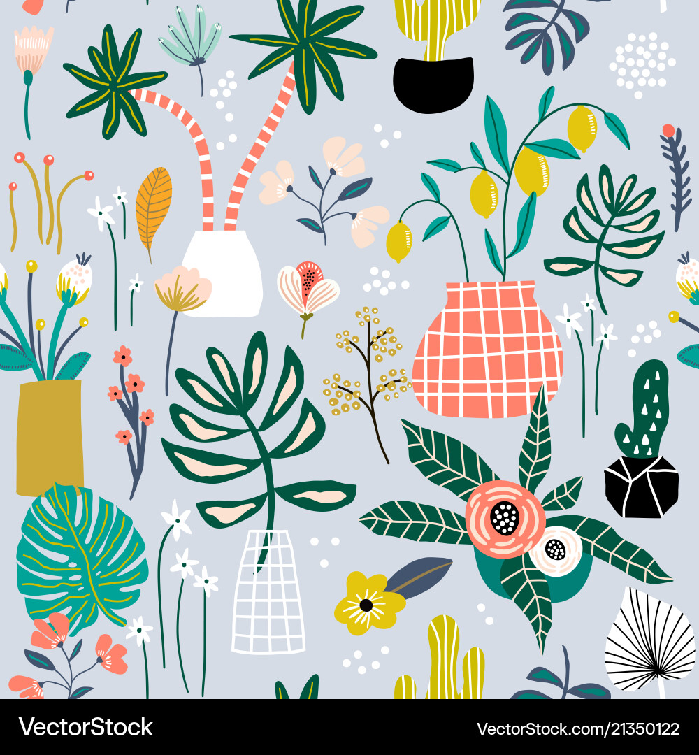 Floral Pots & Palm Leaves Pattern Vector Image