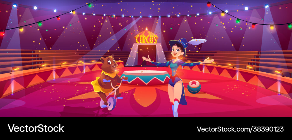Circus show with animal handler and bear on bike Circus show with animal handler and bear on bike vector image