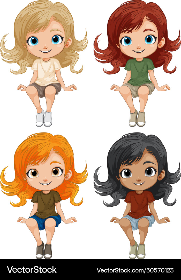 Four cute cartoon girls with different hairstyles Four cute cartoon girls with different hairstyles vector image