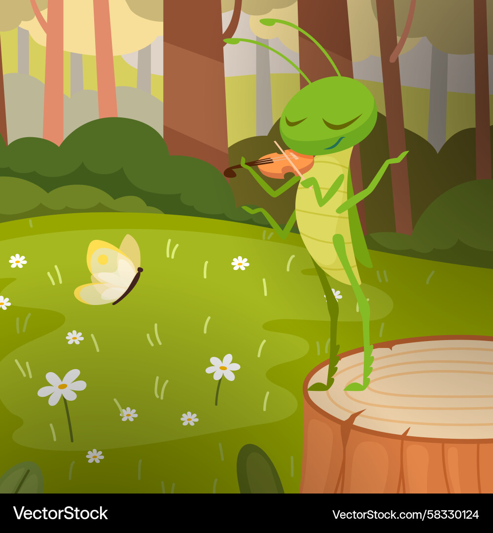 Grasshopper Playing Violin in Forest Vector Image