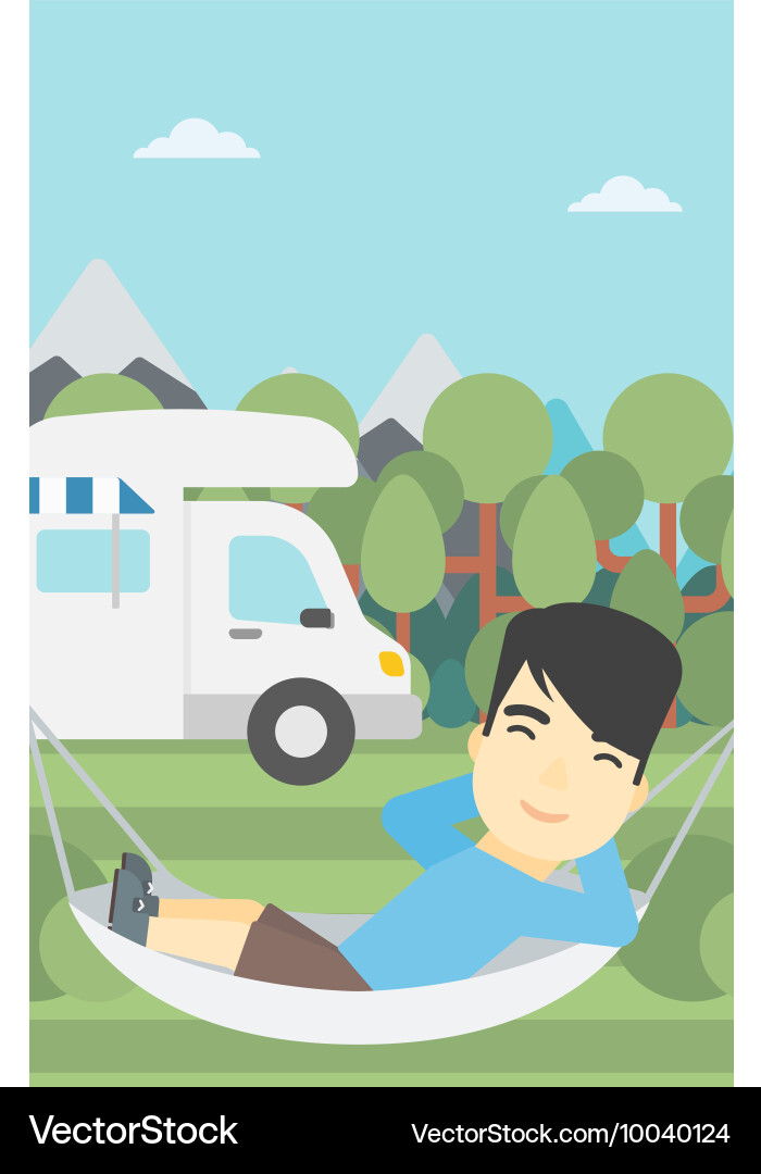 Man lying in hammock front of motor home Vector Image