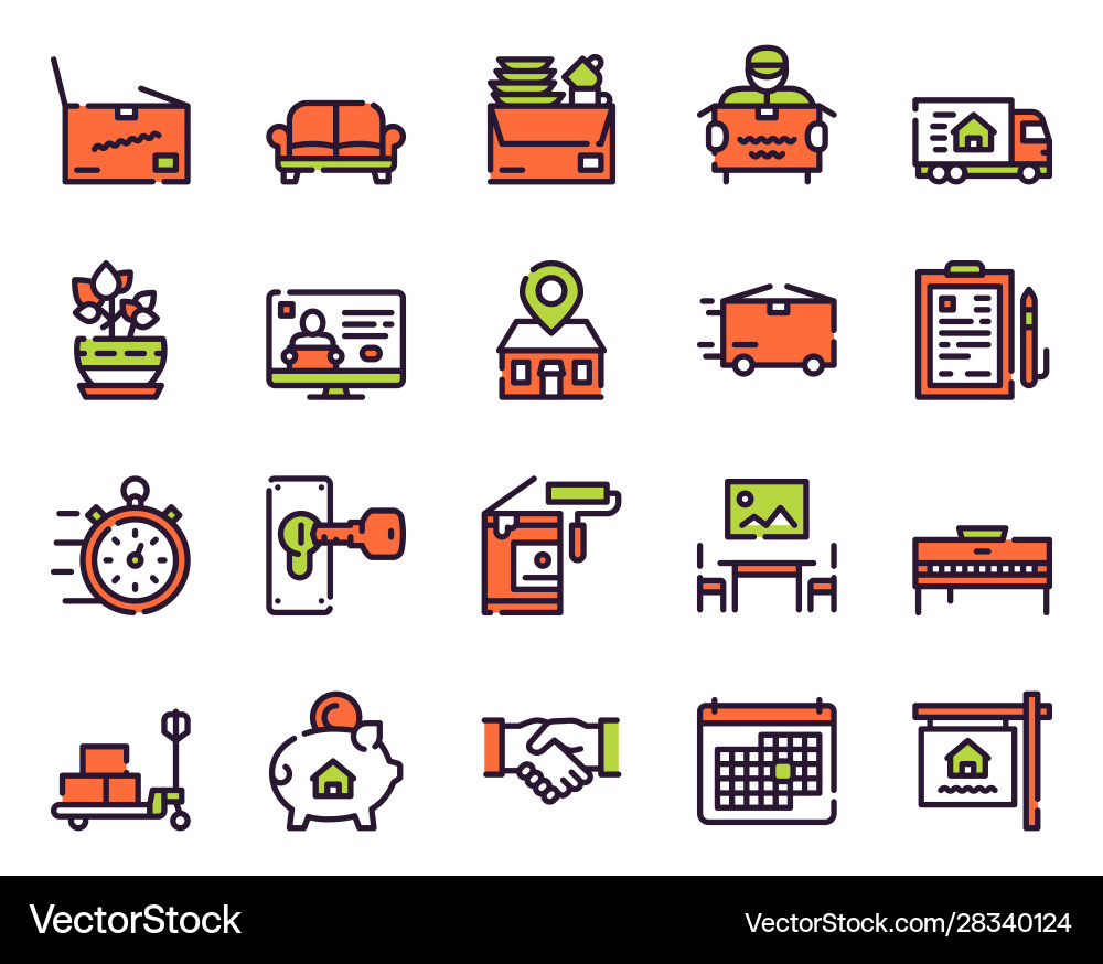 Moving items color linear icons set vector image