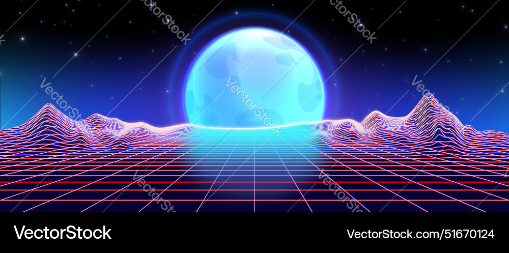 Retro synthwave bg with grid mountain and moon Retro synthwave bg with grid mountain and moon vector image