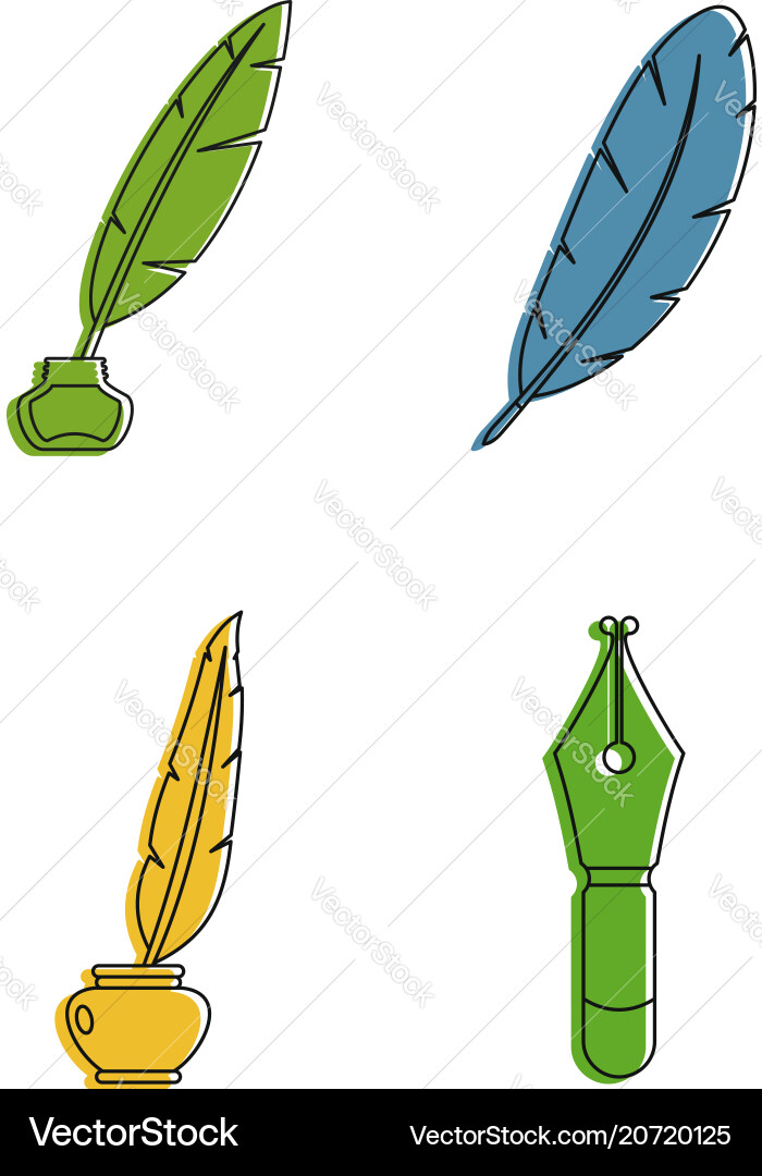 Feather pen icon set color outline style Feather pen icon set color outline style vector image