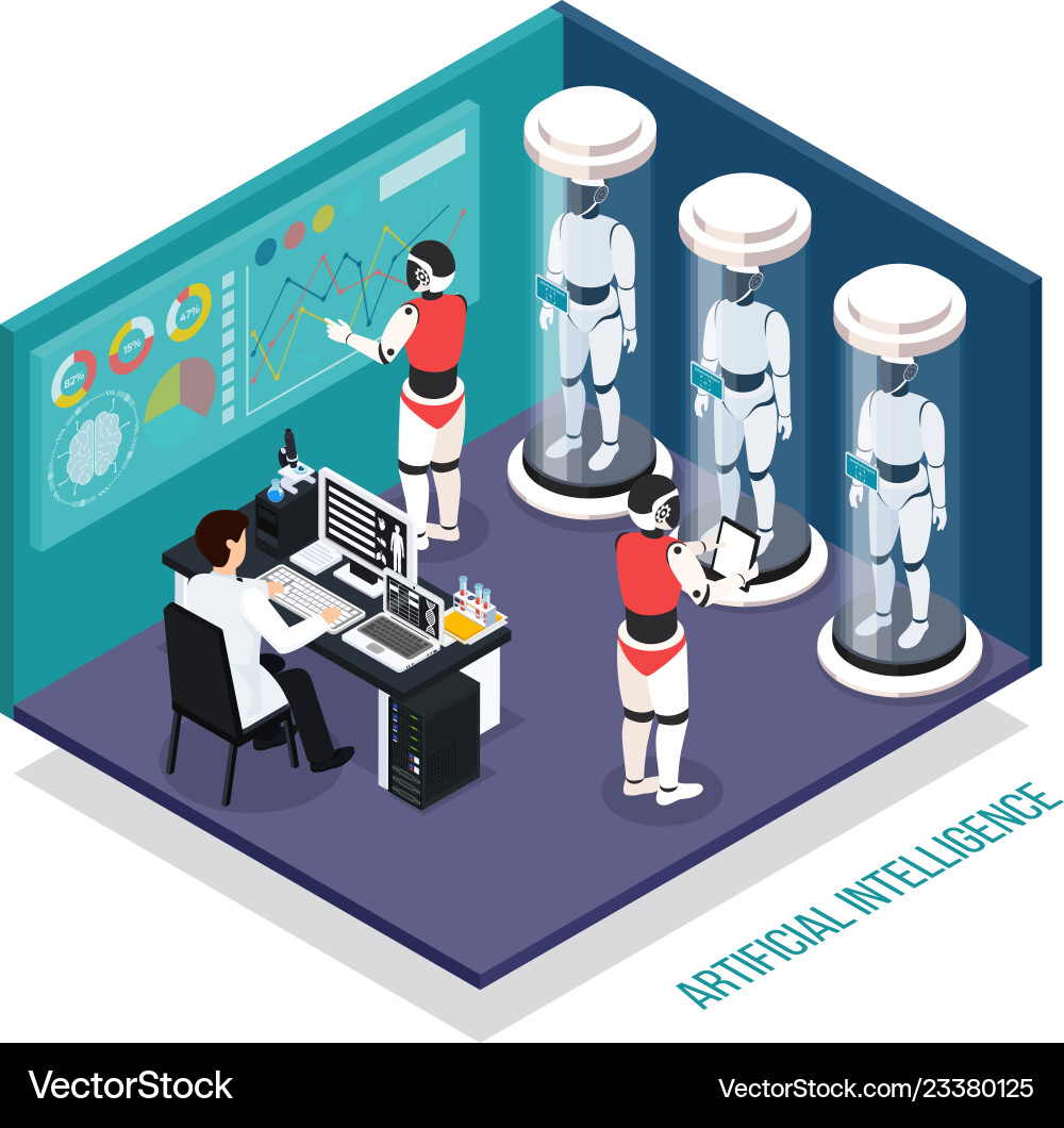Robots and Scientists in Lab - Isometric Robots and Scientists in Lab - Isometric vector image
