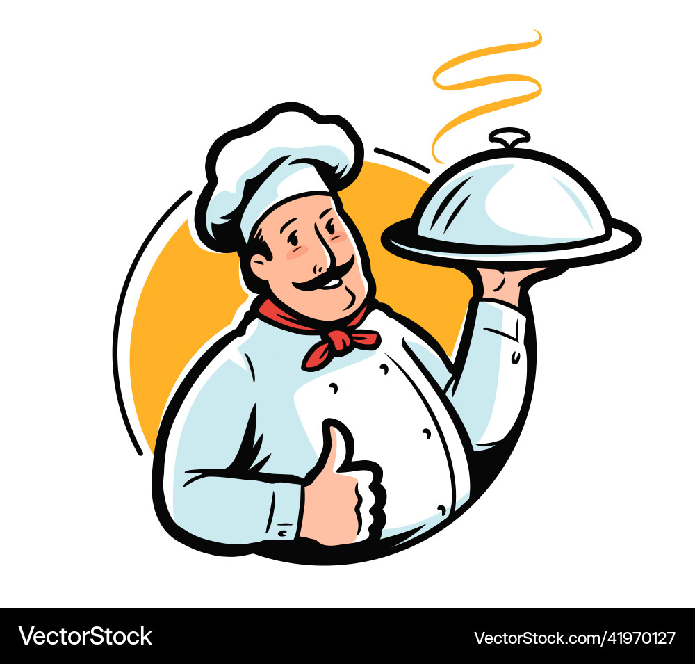 Cartoon Koch Charakter mit Tablett Emblem Cartoon Koch Charakter mit Tablett Emblem vektorbild