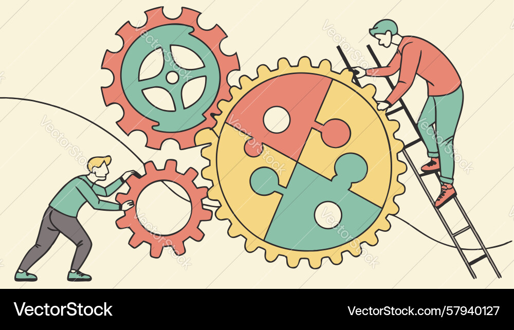 Collaborative Gears & Puzzle Solution Vector Image