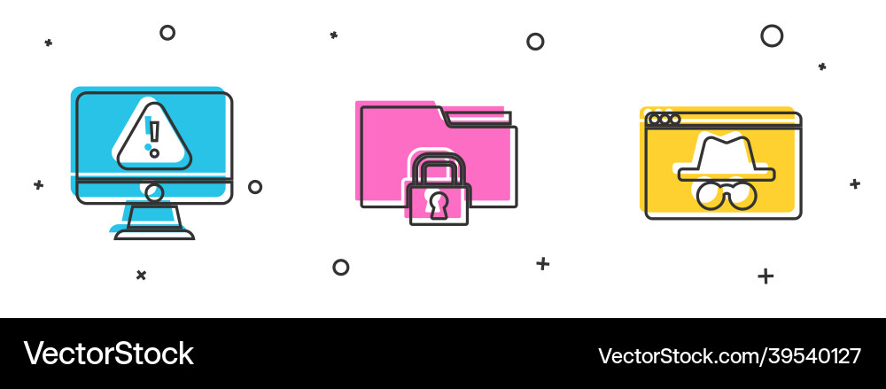 Set monitor with exclamation mark folder and lock Set monitor with exclamation mark folder and lock Vector Image
