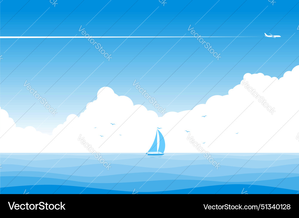 Flugzeug am Himmel über Yacht am Meer Flugzeug am Himmel über Yacht am Meer Vektorbild