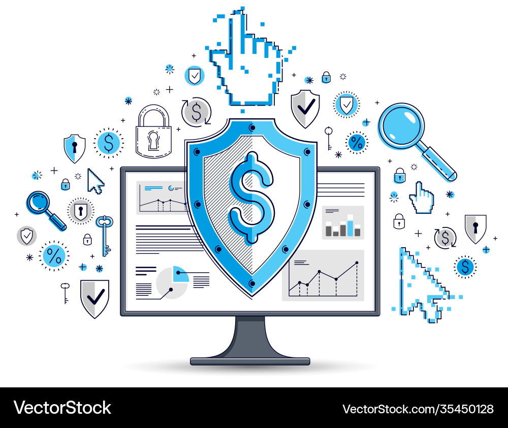 Shield over computer monitor and dollar set Shield over computer monitor and dollar set vector image