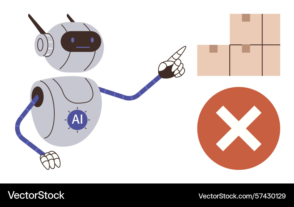 Ai robot pointing at stacked boxes with a warning Ai robot pointing at stacked boxes with a warning vector image