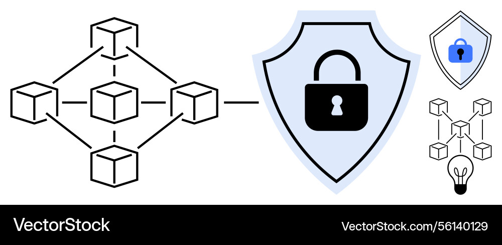 Blockchain network security with lock and shield Vector Image