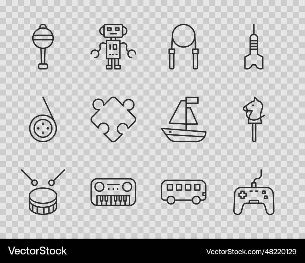 Set line drum with sticks gamepad jump rope Set line drum with sticks gamepad jump rope vector image