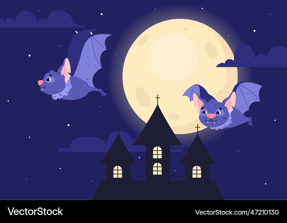 Süße Fledermäuse fliegen vor Vollmond und Gothic Süße Fledermäuse fliegen vor Vollmond und Gothic vektorbild
