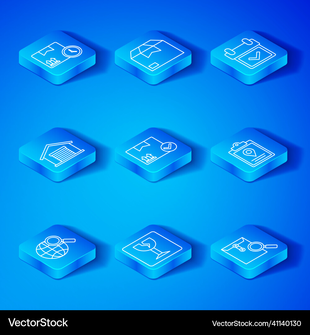 Set line magnifying glass with globe package box Set line magnifying glass with globe package box Vector Image